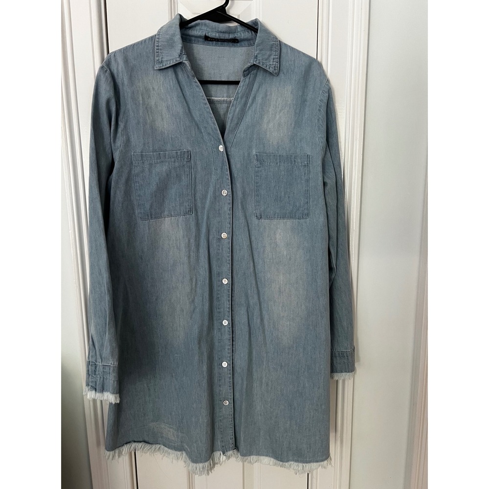 Zilcremo Womens Light Wash Denim Shirt Dress Frayed Hem XL Long Sleeve Button Up